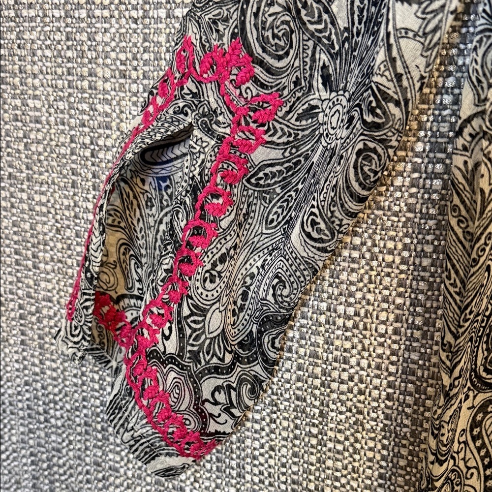 Maxi Length Semi Sheer Embroidered Black & Pink Paisley Tunic Swim Coverup - Picture 5 of 15